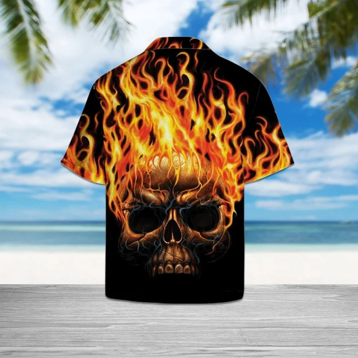 litzzy Hawaiian Shirt Flame Metal Skull Head In Black hawaii shirt for Men - Aloha shirt Hawaiian Hawaii Shirt For Summer Hawaii Shirt   