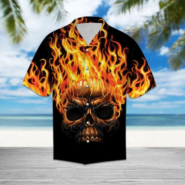 litzzy Hawaiian Shirt Flame Metal Skull Head In Black hawaii shirt for Men - Aloha shirt Hawaiian Hawaii Shirt For Summer Hawaii Shirt   