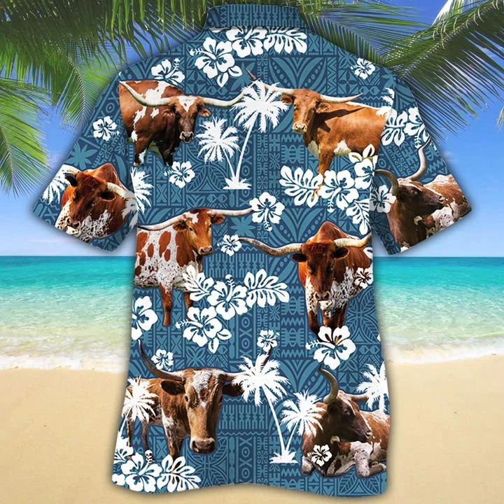 litzzy Tx Longhorn Cattle Lovers Blue Tribal Hawaiian Shirt - Aloha shirt Hawaiian Hawaii Shirt For Summer Hawaii Shirt   