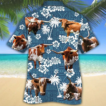 litzzy Tx Longhorn Cattle Lovers Blue Tribal Hawaiian Shirt - Aloha shirt Hawaiian Hawaii Shirt For Summer Hawaii Shirt   