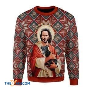 litzzy Christmas Patterns God Jesus Keanu Reeves With Dog Gift For Christmas Ugly Christmas Sweater - Ugly Sweater Gift - Sweater All Over Print sweater Default Title  