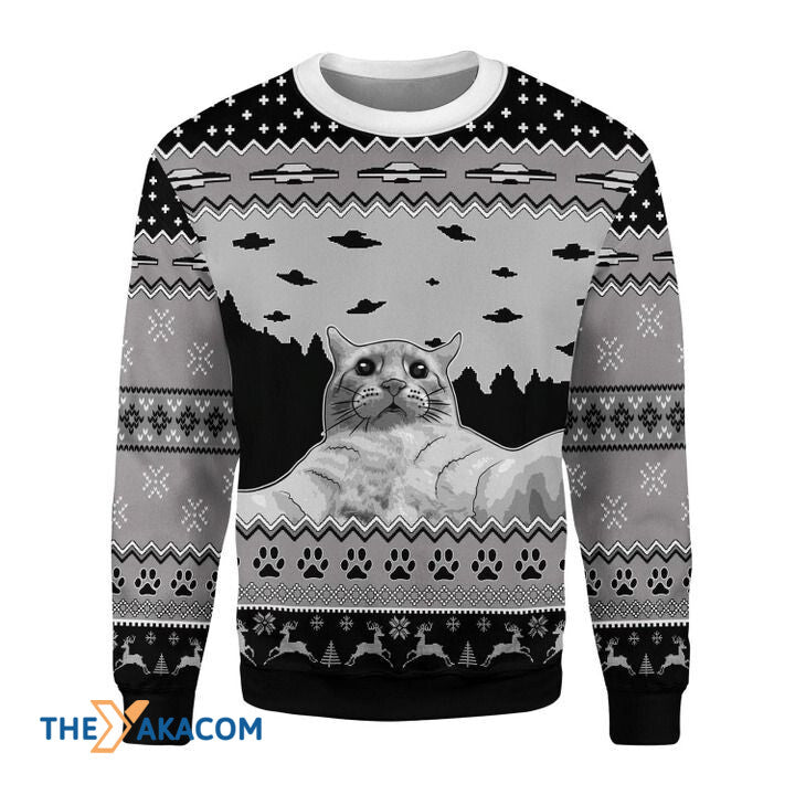 litzzy Black And White Christmas Pattern And Cat With Ufo Gift For Christmas Ugly Christmas Sweater - Ugly Sweater Gift - Sweater All Over Print sweater Default Title  