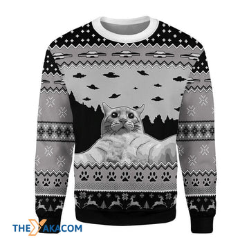 litzzy Black And White Christmas Pattern And Cat With Ufo Gift For Christmas Ugly Christmas Sweater - Ugly Sweater Gift - Sweater All Over Print sweater Default Title  