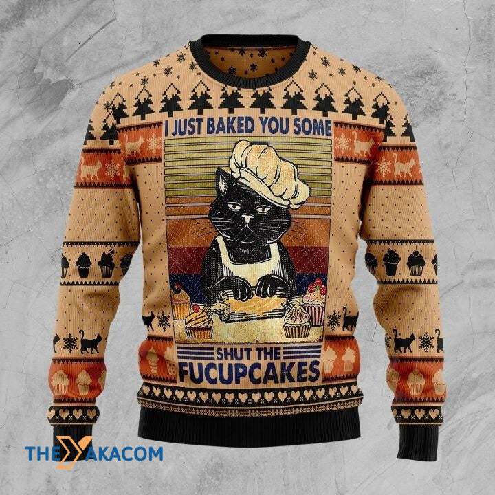 litzzy Black Cat Chef I Just Baked You Some Shut The Fucupcakes Gift For Christmas Ugly Christmas Sweater - Ugly Sweater Gift - Sweater All Over Print sweater Default Title  