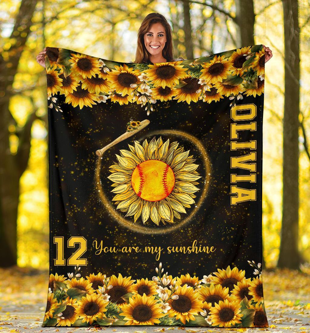 litzzy Personalized Softball You Are My Sunshine Fleece Blanket - Litzzy Hippie Softball Blanket Quilt Blanket   