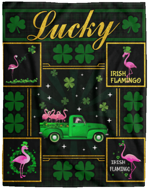 litzzy Irish Flamingo Shamrock St Patrick's Day HH-TS1303 Sherpa Fleece Blanket Fleece Blanket   
