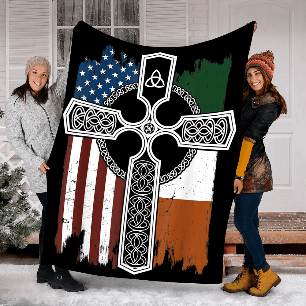 litzzy American Irish Flag With Celtic Cross St Patricks HH-TS1003 Sherpa Fleece Blanket Fleece Blanket   