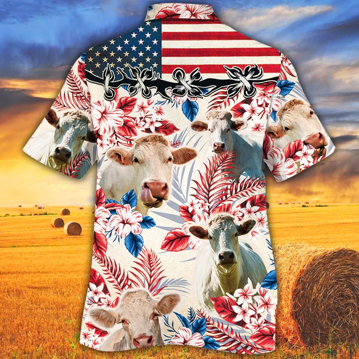 litzzy Charolais Cattle Lovers American Flag Hawaiian Shirt, Cow Flower aloha Hawaiian shirt, Cow Hawaiian shirt vintage, Hawaiian shirt men - Aloha shirt Hawaiian Hawaii Shirt For Summer Hawaii Shirt   