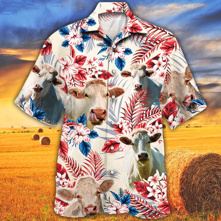 litzzy Charolais Cattle Lovers American Flag Hawaiian Shirt, Cow Flower aloha Hawaiian shirt, Cow Hawaiian shirt vintage, Hawaiian shirt men - Aloha shirt Hawaiian Hawaii Shirt For Summer Hawaii Shirt   