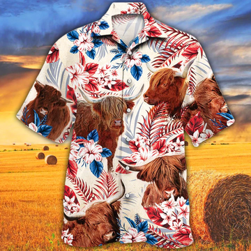 litzzy Highland Cattle Lovers American Flag Hawaiian Shirt, Cow Flower aloha shirt, Hawaiian shirt Men, Women - Aloha shirt Hawaiian Hawaii Shirt For Summer Hawaii Shirt   