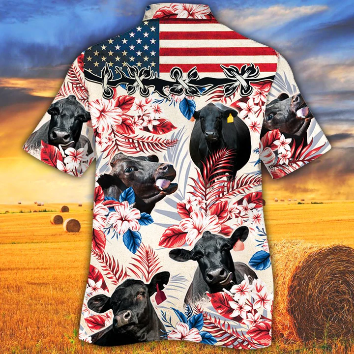 litzzy Black Angus Cattle Lovers American Flag Hawaiian Shirt, Cow Hawaiian shirt vintage flower, Hawaiian shirt men, Hawaiian shirt women - Aloha shirt Hawaiian Hawaii Shirt For Summer Hawaii Shirt   