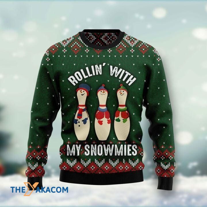 litzzy Bowling Rollin' With My Snowmies Gift For Christmas Ugly Christmas Sweater - Ugly Sweater Gift - Sweater All Over Print sweater Default Title  