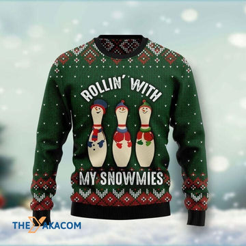 litzzy Bowling Rollin' With My Snowmies Gift For Christmas Ugly Christmas Sweater - Ugly Sweater Gift - Sweater All Over Print sweater Default Title  