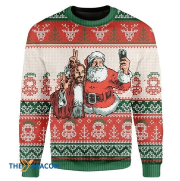 litzzy Christmas Pattern With Santa Claus And God Jesus Selfie Gift For Christmas Ugly Christmas Sweater - Ugly Sweater Gift - Sweater All Over Print sweater Default Title  