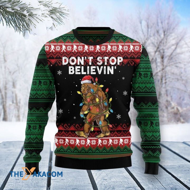 litzzy Bigfoot With Colorful Light Don't Stop Believin' Gift For Christmas Ugly Christmas Sweater - Ugly Sweater Gift - Sweater All Over Print sweater Default Title  