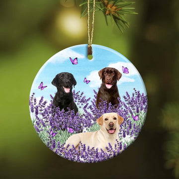 litzzy Labradors on lavender field Circle Ceramic Ornament Ornament   