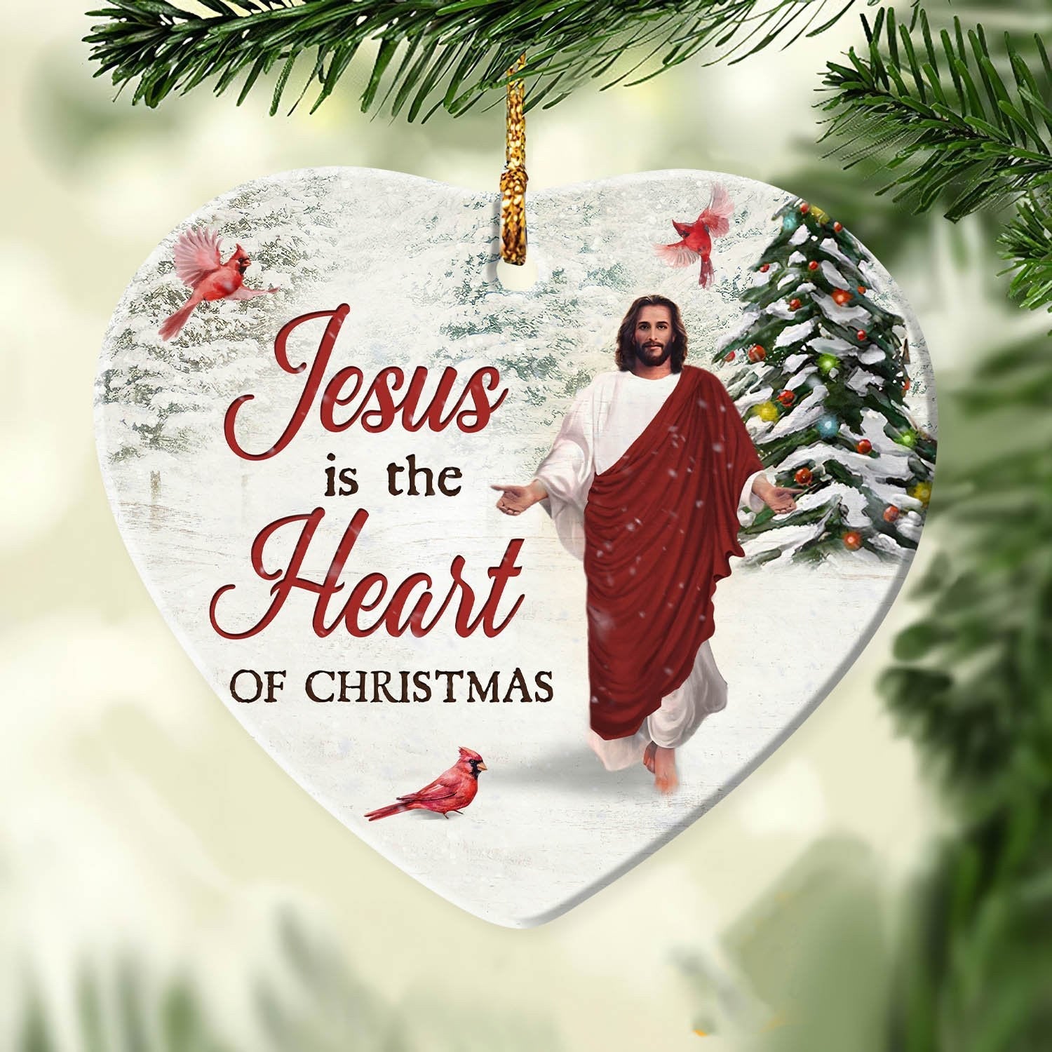 litzzy Jesus - Jesus with walking on snow - Jesus is a heart of Christmas - Heart Ceramic Ornament 2 Sided    