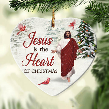 litzzy Jesus - Jesus with walking on snow - Jesus is a heart of Christmas - Heart Ceramic Ornament 2 Sided    