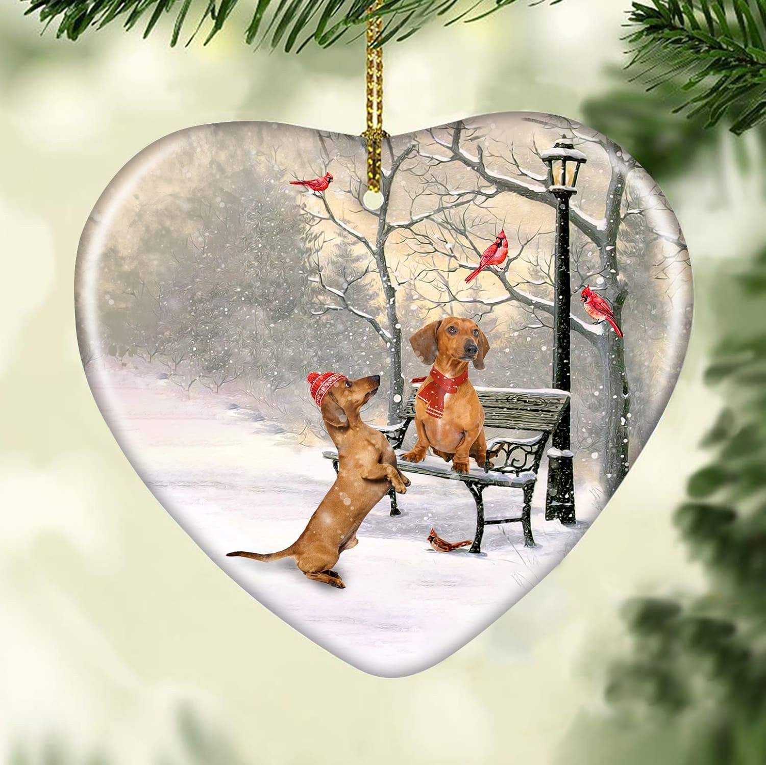 litzzy Dachshund, Winter park, On a date - Christmas Ceramic Heart Ornament    