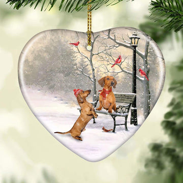 litzzy Dachshund, Winter park, On a date - Christmas Ceramic Heart Ornament    