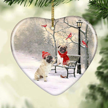 litzzy Pug painting, Winter park, On a date - Christmas Ceramic Heart Ornament    