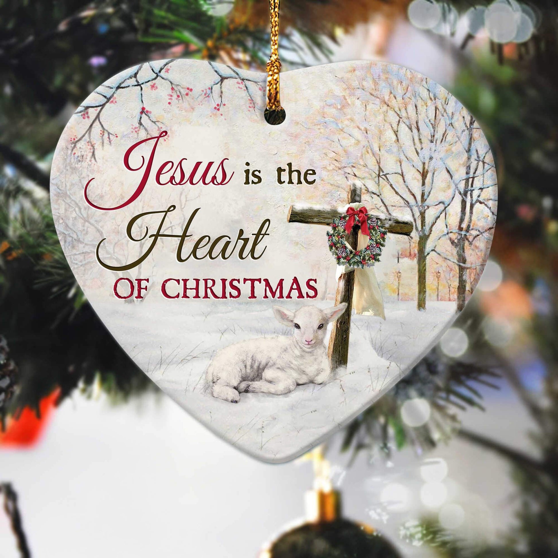 litzzy Jesus, Christmas ornament, Lamb of God - Jesus is the heart of Christmas Ceramic Heart Ornament    