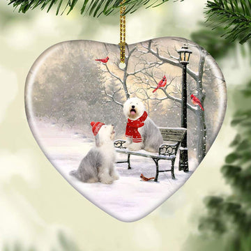 litzzy Old English Sheepdog - Winter - On a date - Ceramic Heart Ornament    