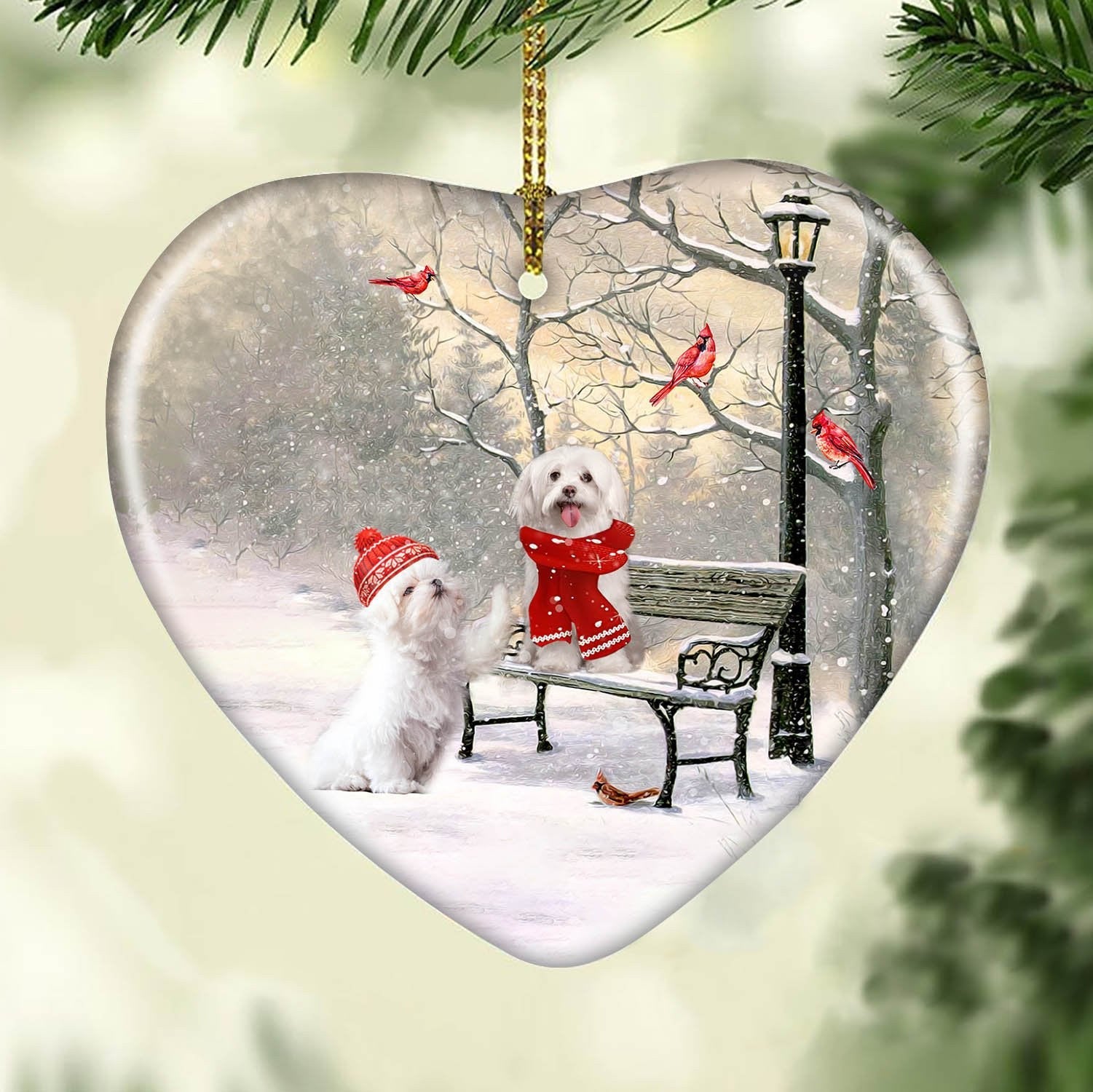litzzy Maltese - Winter - On a date - Ceramic Heart Ornament    