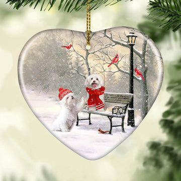 litzzy Maltese - Winter - On a date - Ceramic Heart Ornament    