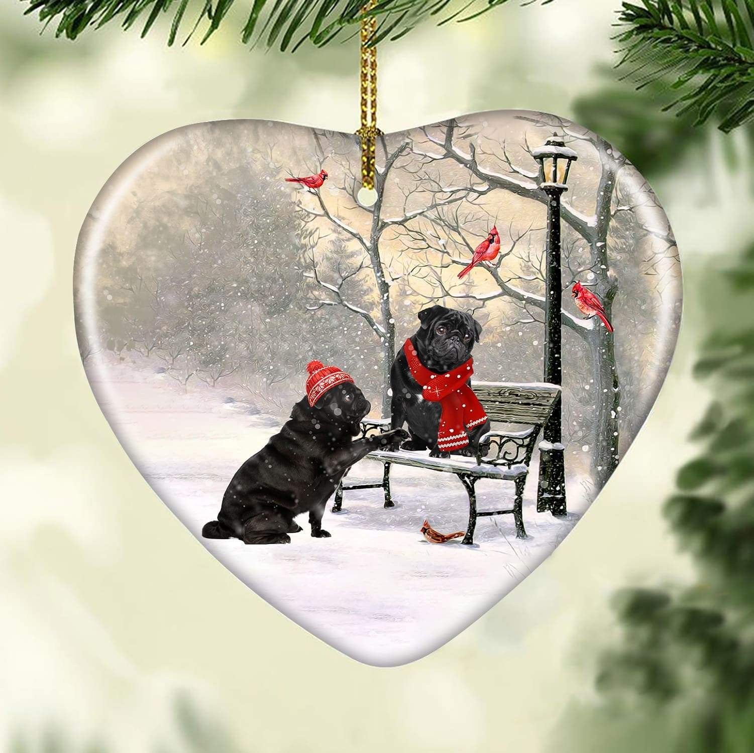 litzzy Black Pug painting, Winter park, On a date - Christmas Ceramic Heart Ornament    