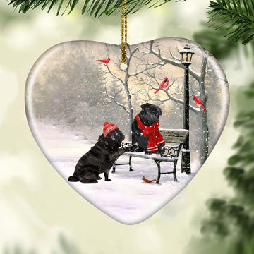 litzzy Black Pug painting, Winter park, On a date - Christmas Ceramic Heart Ornament    