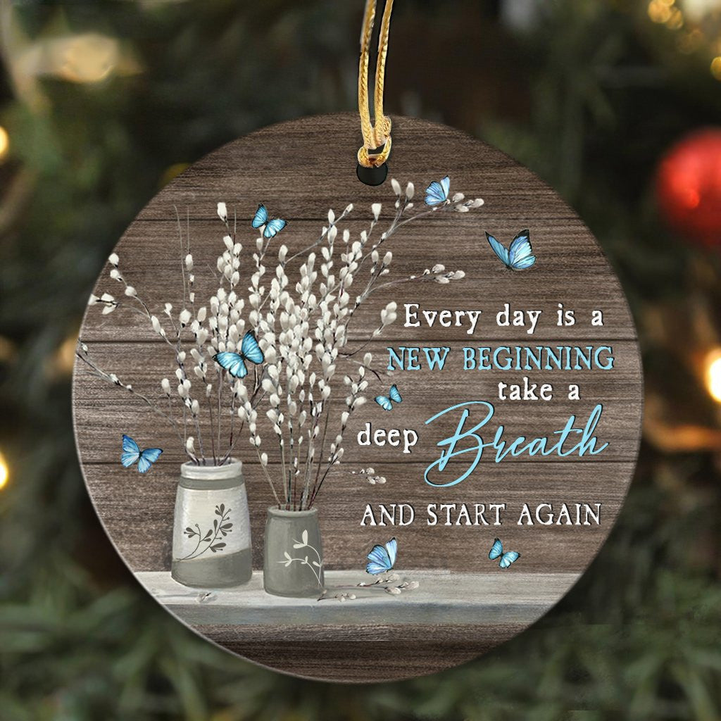 litzzy Jesus, Blue Butterfly - Everyday is a new beginning Ceramic Circle Ornament Ornament   