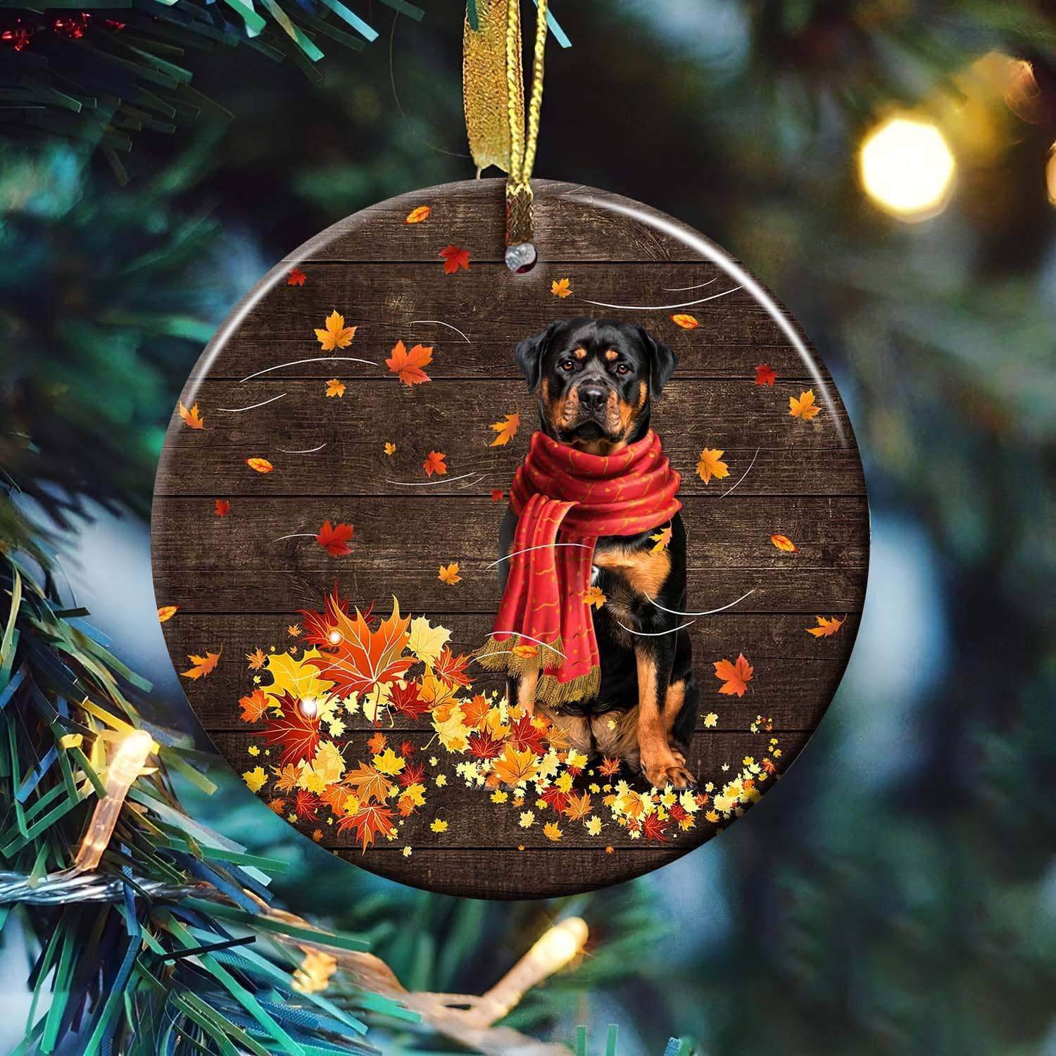 litzzy Rottweiler, beautiful autumn - Rottweiler and the red leaves Dog Circle ceramic Ornament Ornament   