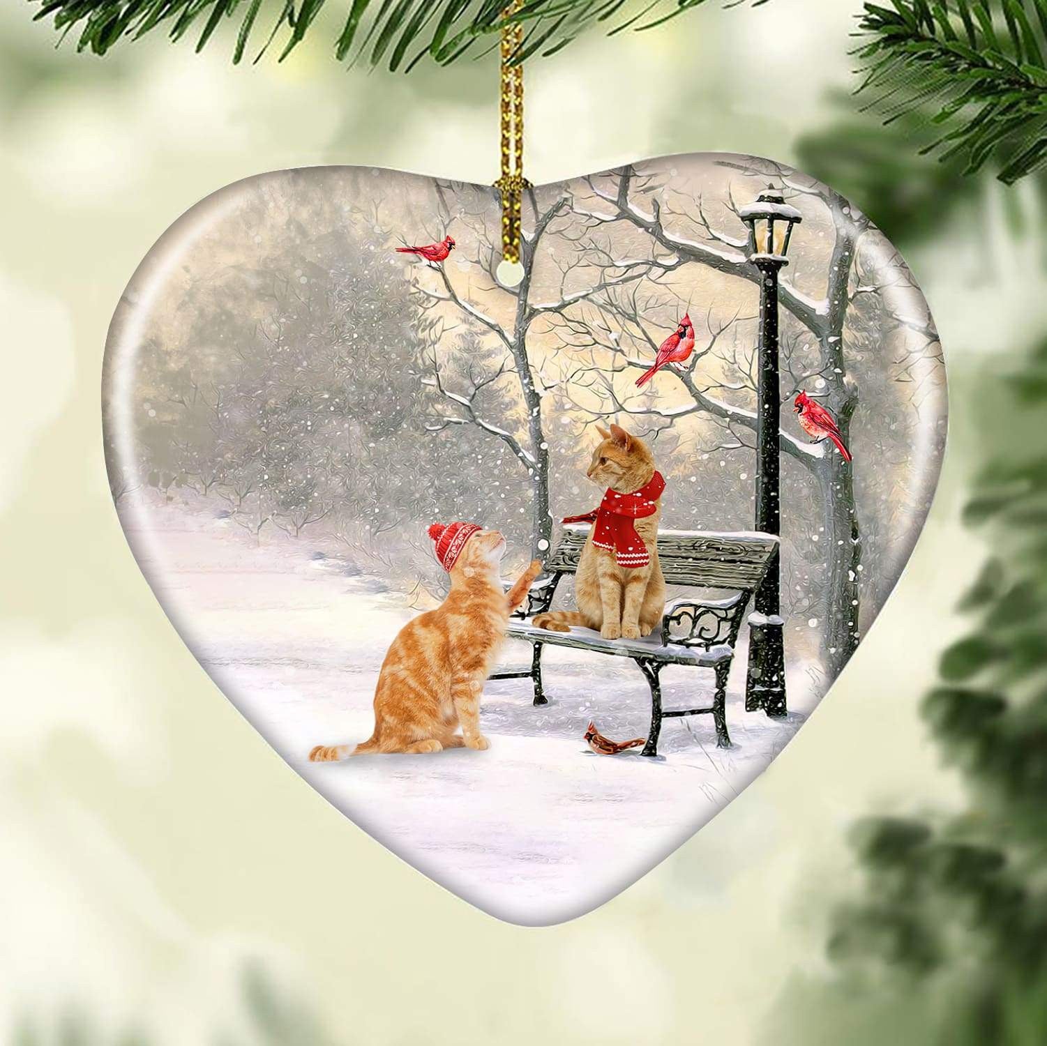 litzzy Cat painting, Winter park, On a date - Christmas Ceramic Heart Ornament    