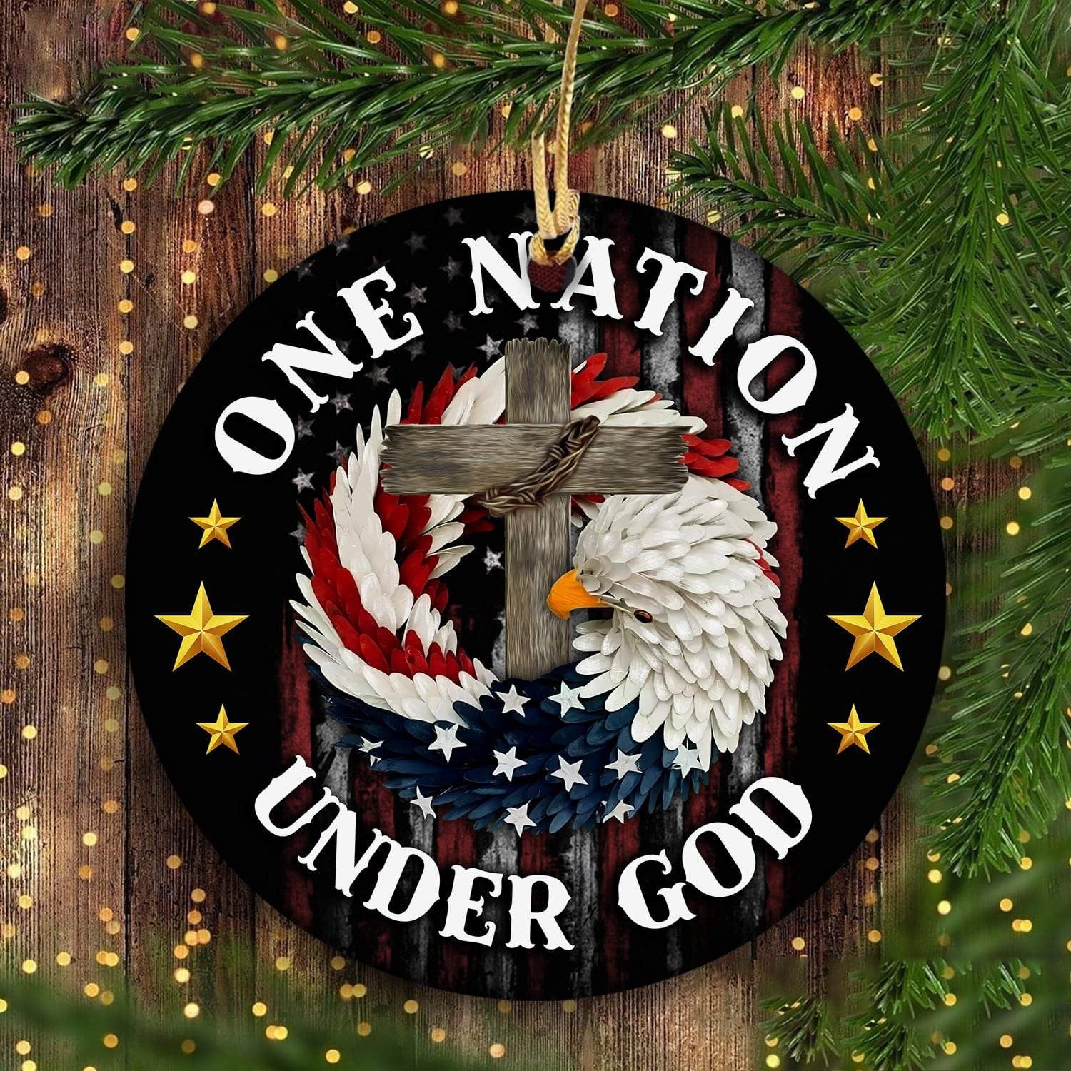 litzzy Jesus, Eagle, Cross, America - One nation under God Circle Ceramic Ornament Ornament   