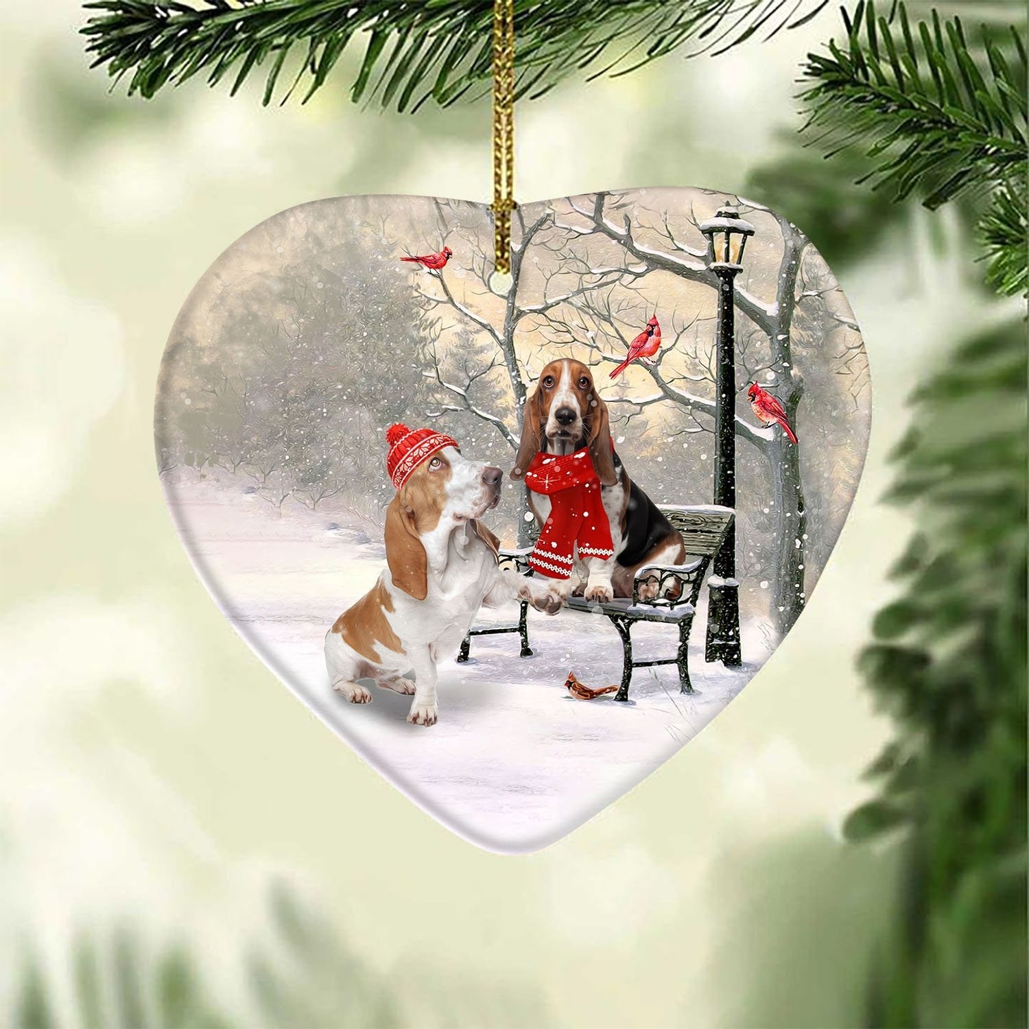 litzzy Basset Hound - Winter - On a date - Ceramic Heart Ornament    
