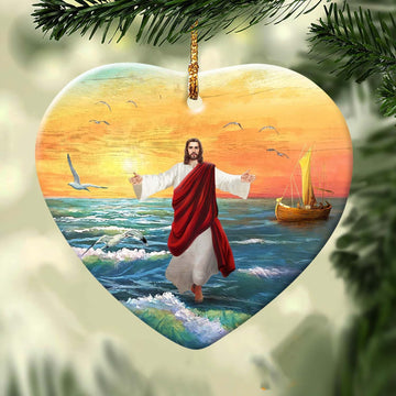 litzzy Jesus is light, my savior, Jesus walks on the water, Sunset on the sea - Jesus Heart ceramic Ornament    