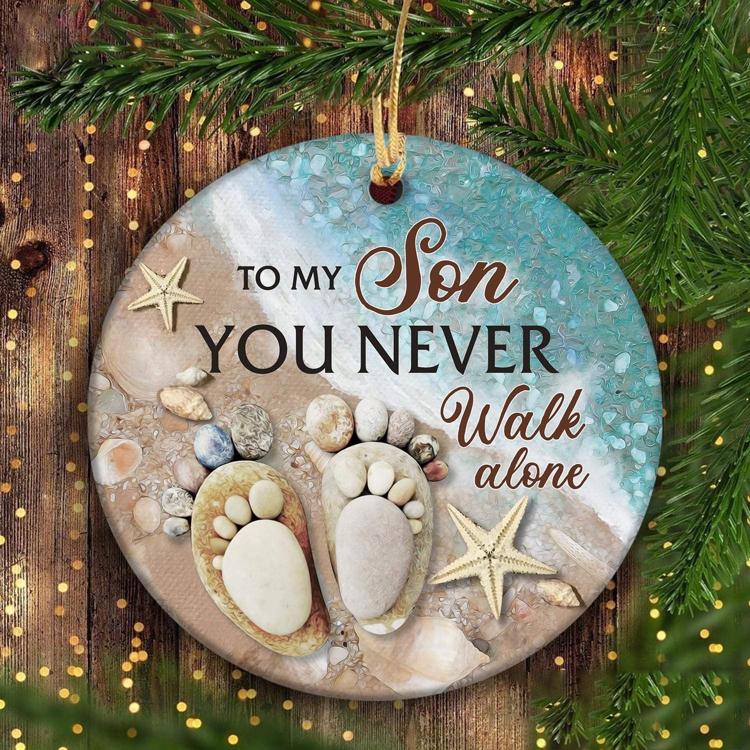 litzzy To my son, Pebble footprints, You never walk alone - Family Circle Ceramic Ornament Ornament   