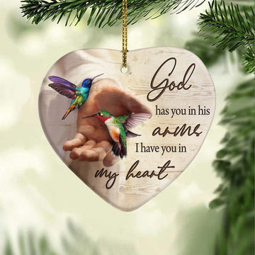 litzzy Hummingbird painting, God has you in his arms, I have you in my heart - Jesus Heart Ceramic Ornament    