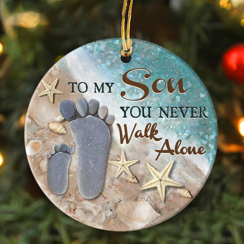 litzzy To my son - Footprint - You never walk alone - Circle Ceramic Ornament Ornament   