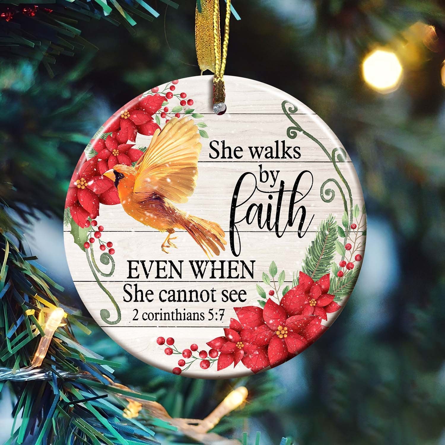 litzzy Cardinal - She walks by faith Circle ceramic Ornament Ornament   