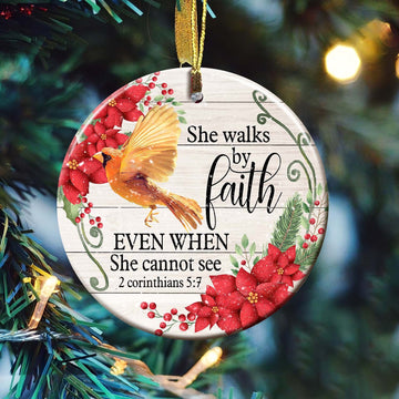 litzzy Cardinal - She walks by faith Circle ceramic Ornament Ornament   