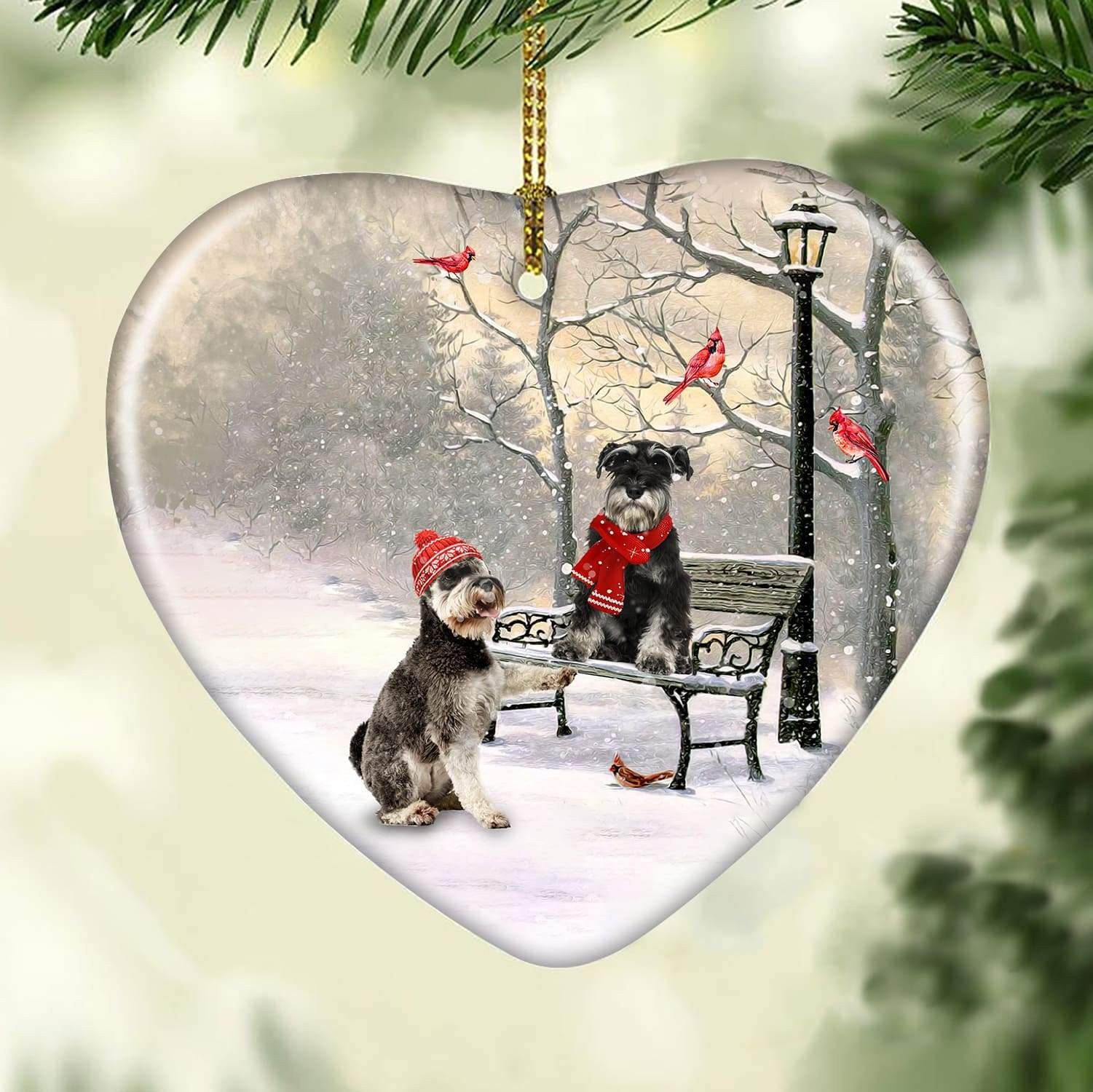litzzy Pet painting, Schnauzer in winter, Christmas is coming - Ceramic Heart Ornament    
