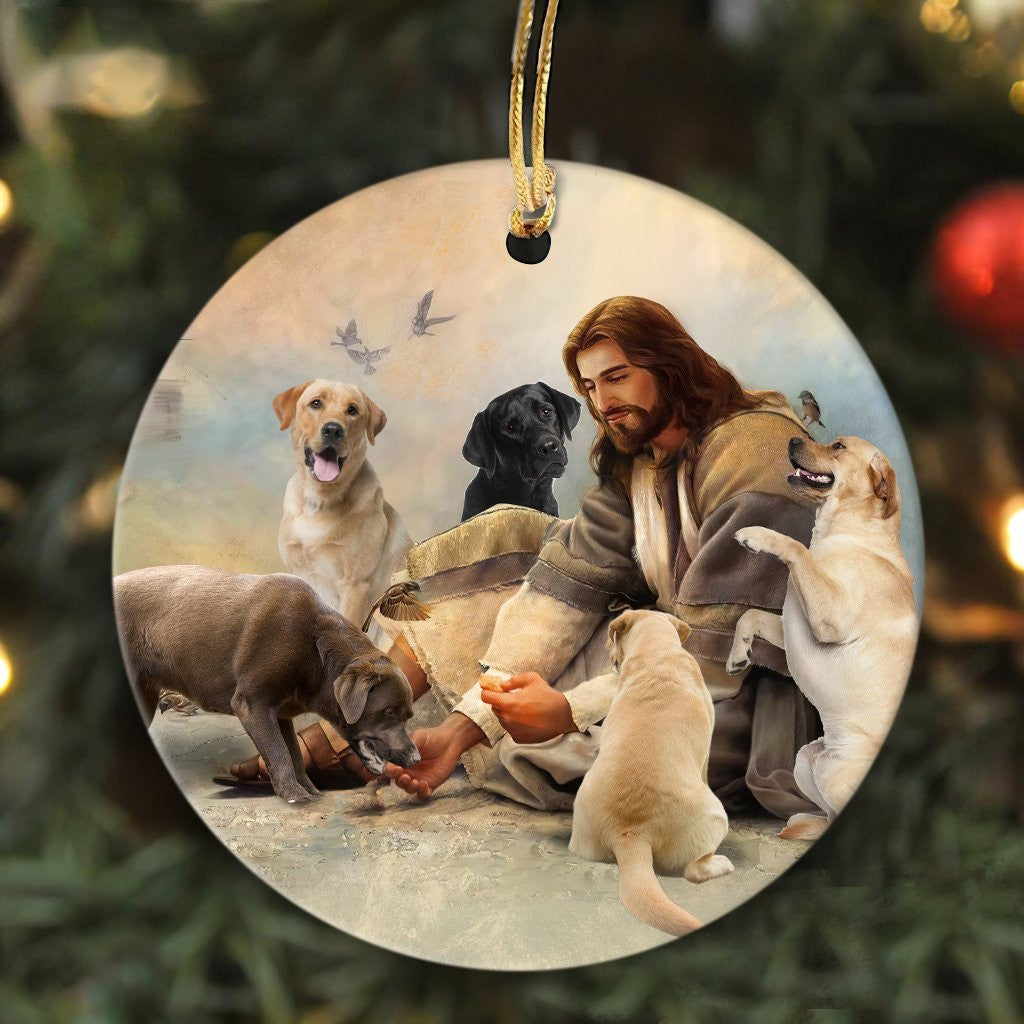 litzzy Jesus painting, Jesus and the Labradors - Jesus Ceramic Circle Ornament Ornament   