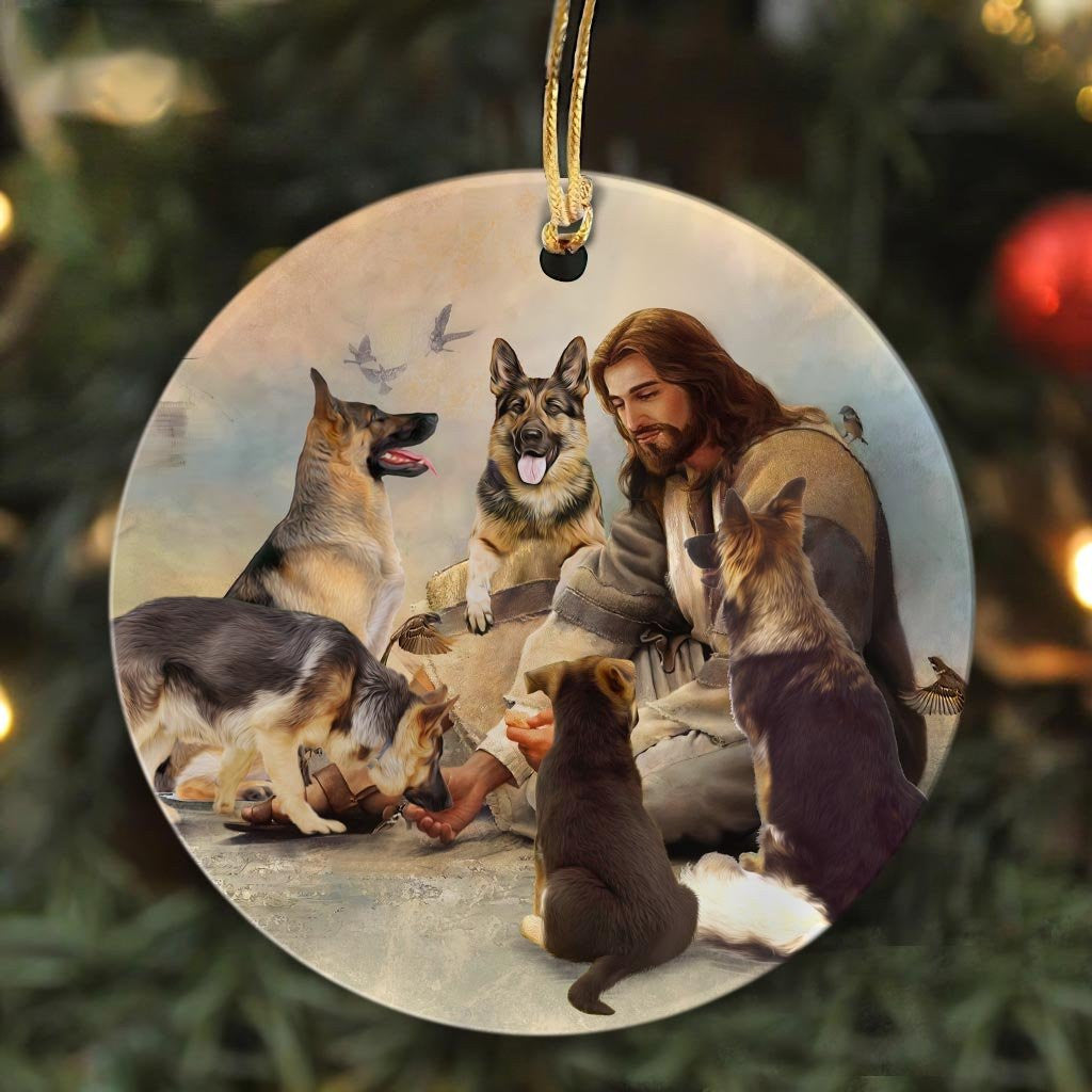 litzzy Jesus - Jesus and the German Shepherds - Ceramic Circle Ornament Ornament   