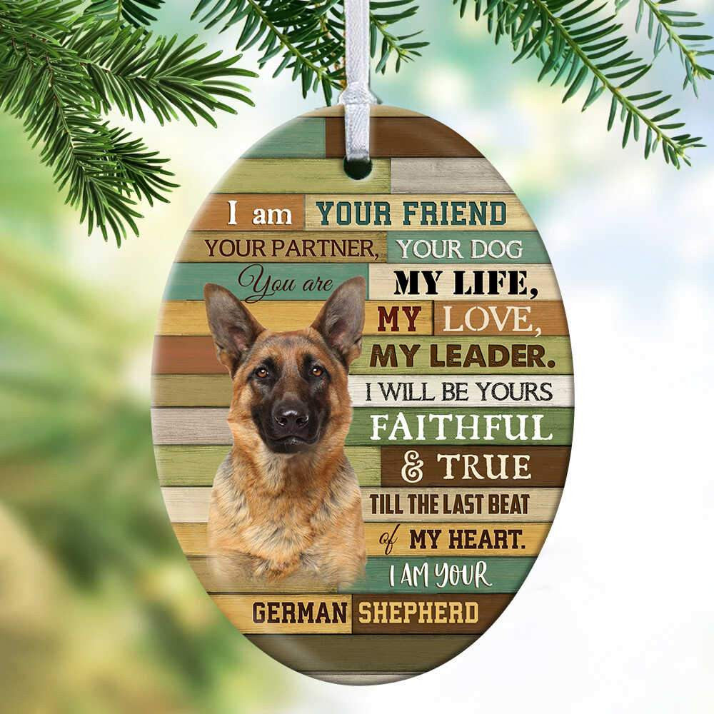 litzzy German Shepherd, I am your friend, wooden background - Dog Oval Ceramic Ornament Ornament   