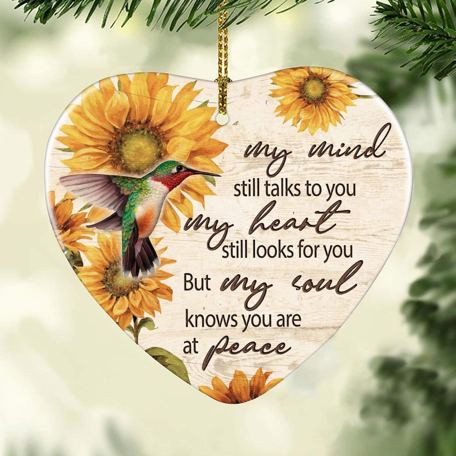litzzy Sunflower pattern, Colorful hummingbird, My soul knows you are at peace - Heaven Ceramic Heart Ornament    