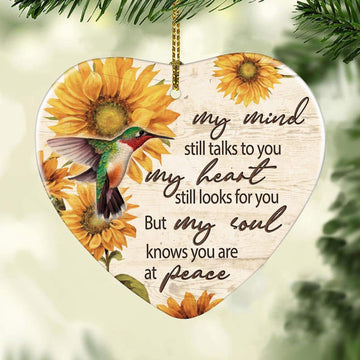 litzzy Sunflower pattern, Colorful hummingbird, My soul knows you are at peace - Heaven Ceramic Heart Ornament    