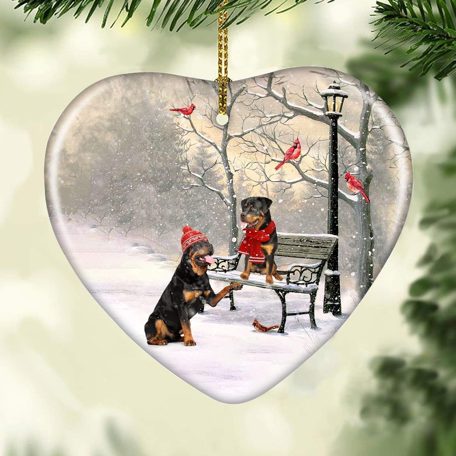litzzy Rottweiler - Winter - On a date - Ceramic Heart Ornament    
