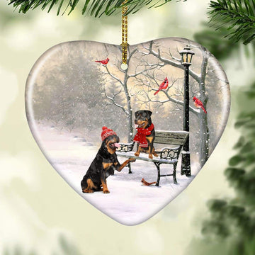 litzzy Rottweiler - Winter - On a date - Ceramic Heart Ornament    